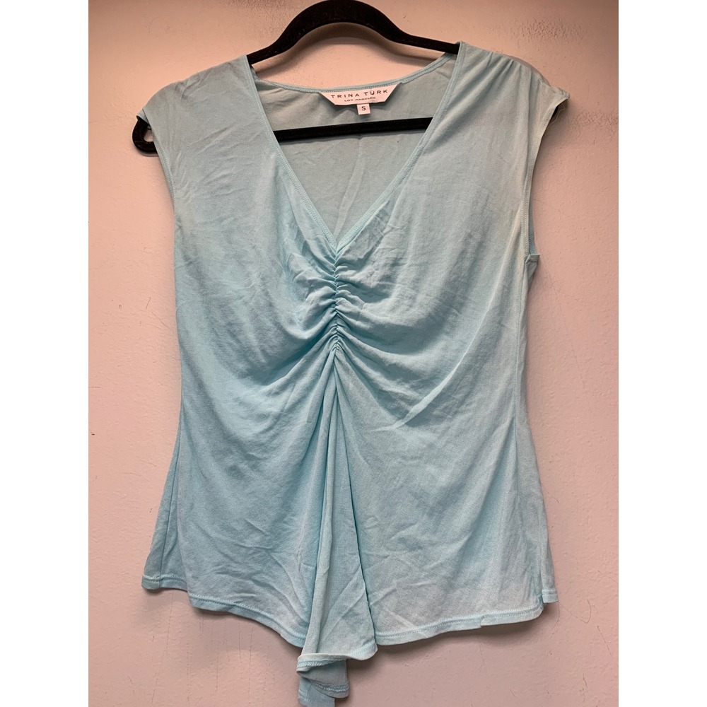 Trina Turk Sleeveless Top Womens S Aqua Blue Good Ruched Silk V-Neck 253906